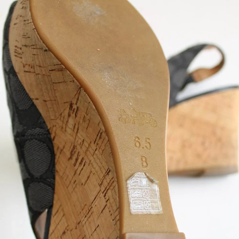 Coach Ferry Grey Logo Jacquard Tan Cork Wedge Slingback Sandal Heels Size 6.5 - Picture 6 of 8